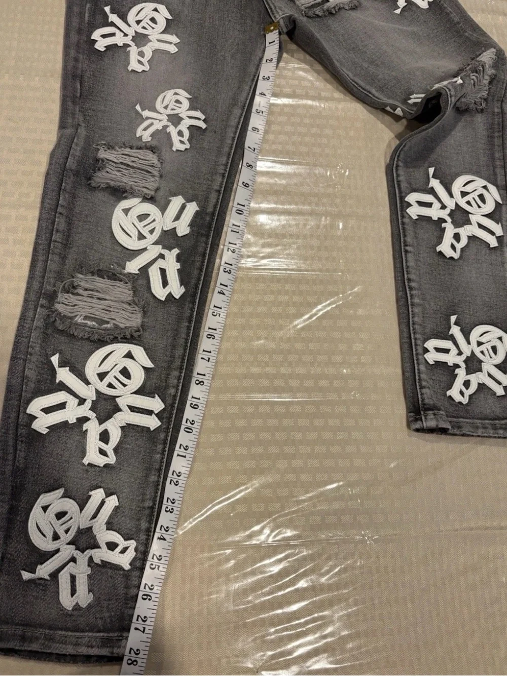 GUAPI Distressed Skinny Jeans Gray Denim Embroidered Logo Streetwear Men's 28 - Picture 9 of 11